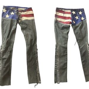 Agatha Blois custom Shania Twain American Flag low rise lace up Leather Pants